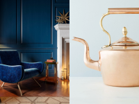 On left, vintage styled living room with blue walls. On right vintage copper round english tea kettle on white countertop.