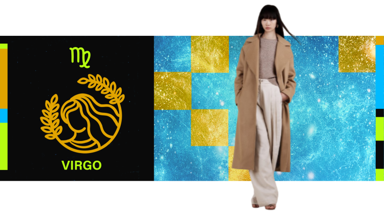 On the left is the symbol for Virgo, and on the right is a model wearing a camel coat, light pants, and a beige shirt.