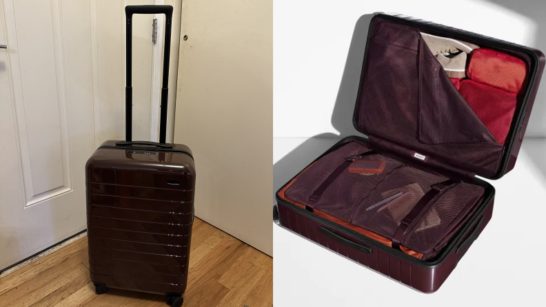 side by side of mahogany suitcase exterior and interior