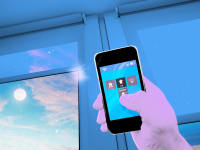 Person holding a smartphone to open blinds