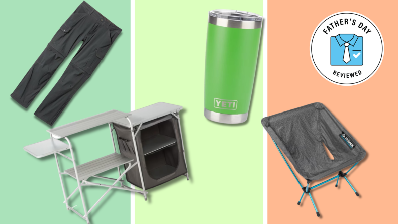 Convertible pants by Kühl, a camp kitchen by Mountain Summit, a Yeti Rambler, and a collapsible chair by Helinox.