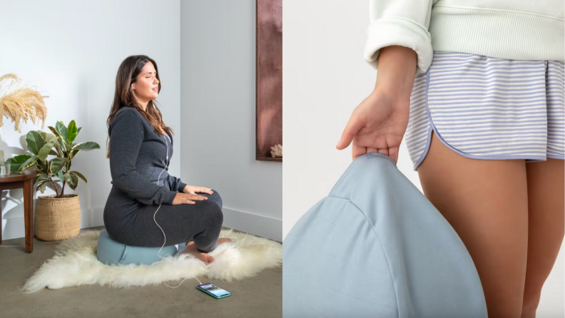 On left, person sitting on round pillow cushion to meditate. On right, person holding round pillow cushion by handle.