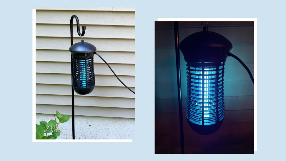 On left, bug zapper hanging outdoors next to home. On right, blue light lit up inside of bug zapper.