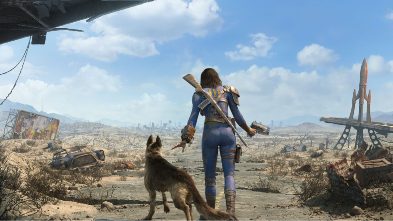 A survivor from Vault 111 and Dogmeat explore the post-nuclear Commonwealth in Fallout.