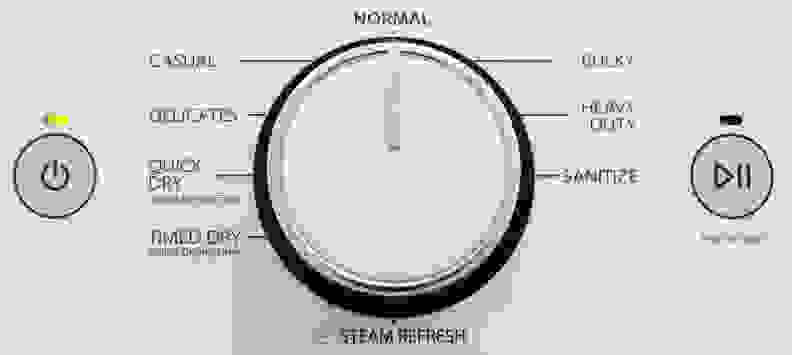 The Whirlpool Duet WED87HEDW's cycle list covers all the basics, with a few specialty options like Sanitize thrown in for good measure.
