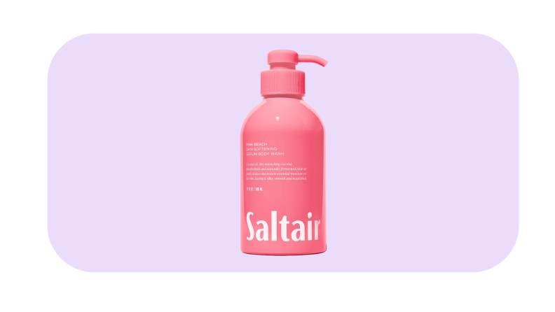 Saltair Pink Beach Serum Body Wash against a light purple background.