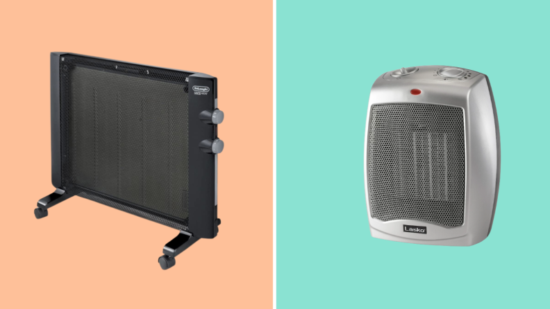 Two space heaters against peach and teal backgrounds
