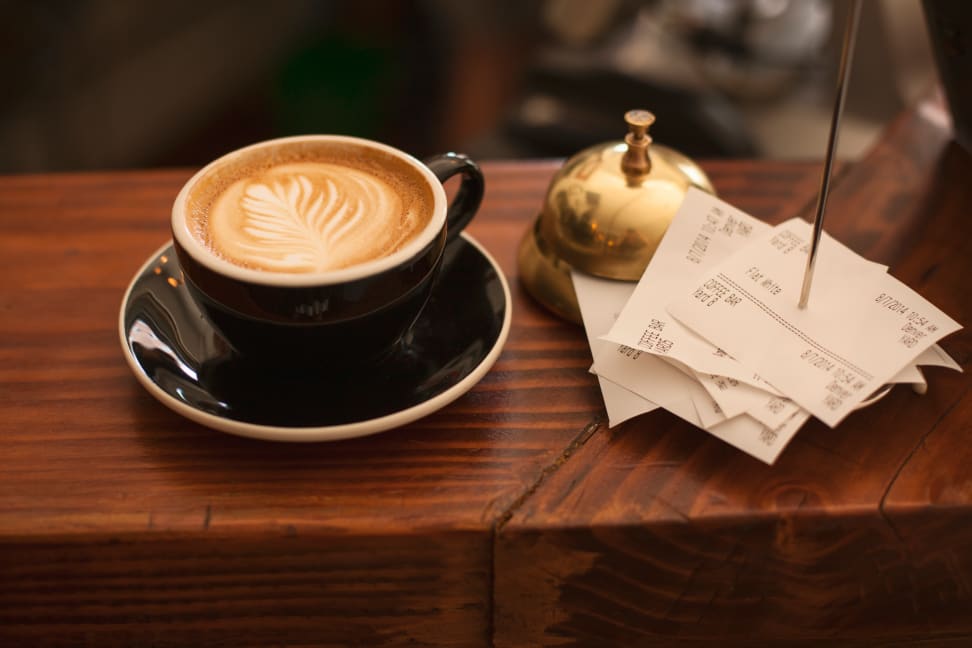 A latte on a coffee shop counter