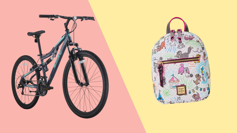 A black and blue bike against a pink background on the left. A white backpack with cartoon cat pattern against a yellow background on the right.
