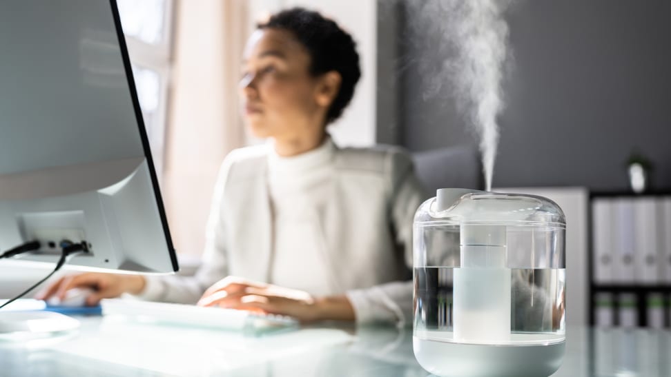 A person sitting at a desk and working on their computer while a humidifier runs.
