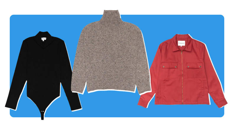 A black unitard, a gray sweater, and a red jacket.