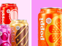 An image of several cans of Poppi soda, including a can of Doc Pop, Clasisic Cola, Root Beer, and Orange soda.