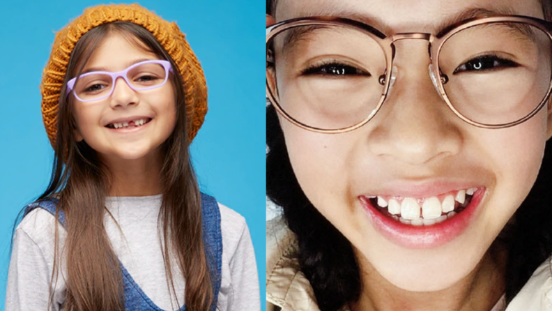 An image of a little girl wearing purple glasses alongside another girl in copper glasses.