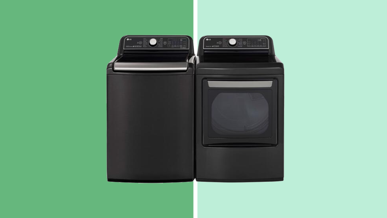A black washer and dryer sit on a green background.