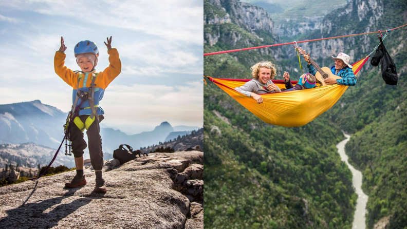 A kid hiking and two people hammocking.