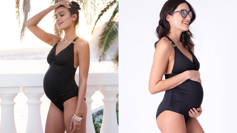 Pregnant model displaying black one-piece swimsuit.