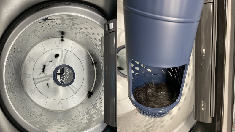 Clumps of pet hair inside of steel drum of Maytag MVW6500MBK washing machine and collected in Pet Pro Filter.