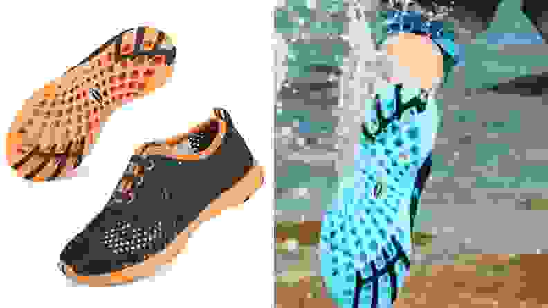 Two pairs of water shoes. One black with orange soles and one turquoise sole in the water.