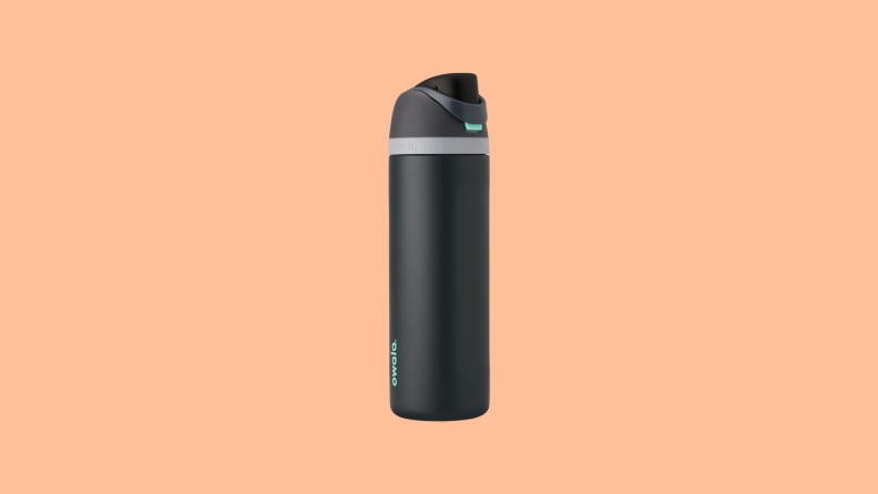 A black Owala FreeSip Insulated Stainless Steel Water Bottle.