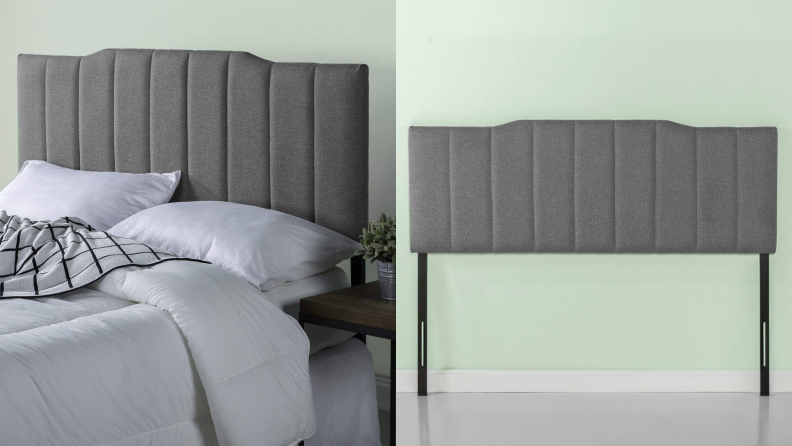 On right, gray upholstered headboard behind bed. On left, close up of gray upholstered headboard