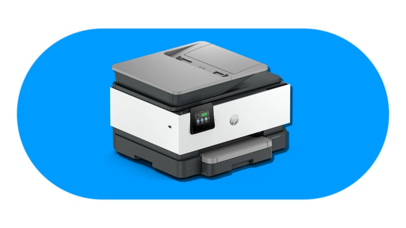 A black-and-white HP OfficeJet Pro printer shown on a blue background, representing the HP OfficeJet Pro series.