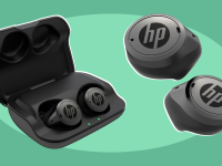 Product shot of set of HP Hearing Pro OTC hearing aids inside of charging case and out of it.