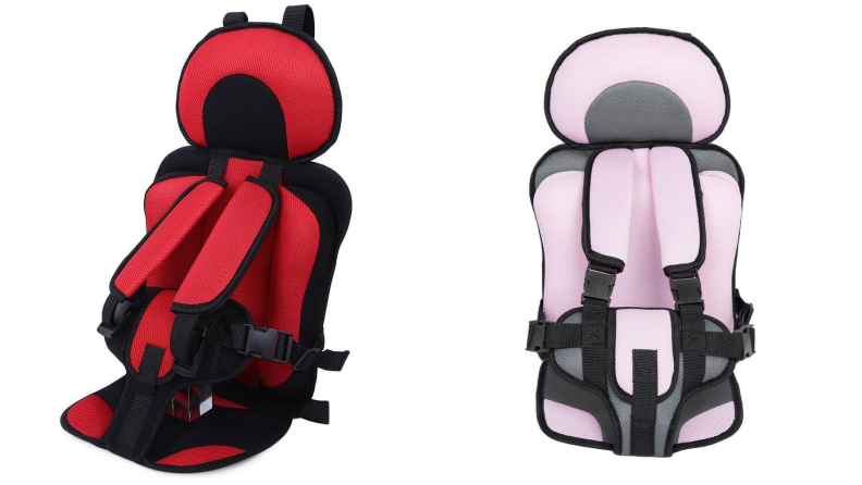 On the left: A red booster seat On the right: a pink booster seat