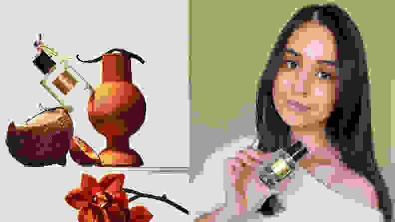 On the left: A bottle of perfume nestled on top of a coconut. On the right: The author holding the same bottle of perfume and smiling at the camera.