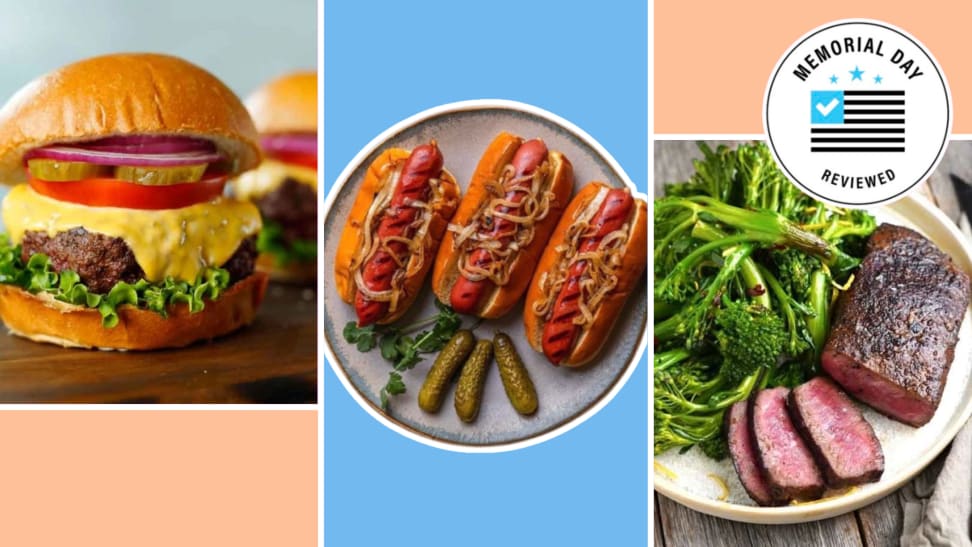 A collage of Snake River Farms meats, including a burger, a plate of hot dogs, and a steak.