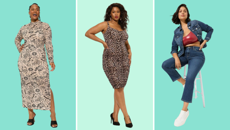Collage of three plus-size options: A printed maxi dress, a leopard print knee-length form-fitting dress, and a denim jacket.