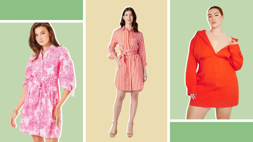 A printed pink toile shirtdress, a striped red and white shirtdress, and a tomato-red off-the-shoulder shirtdress.