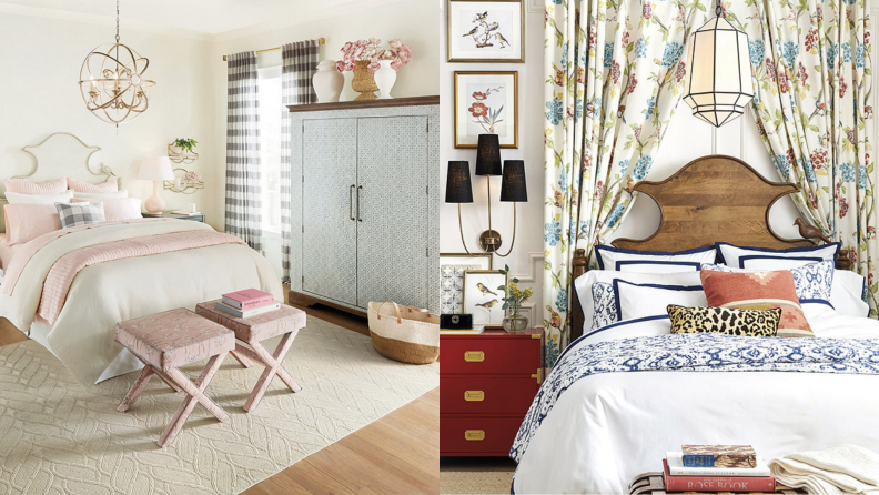 On left, white Claudette headboard from Ballard Designs in pink themed bedroom. On right, brown Claudette headboard from Ballard Designs in red multi-colored themed bedroom.