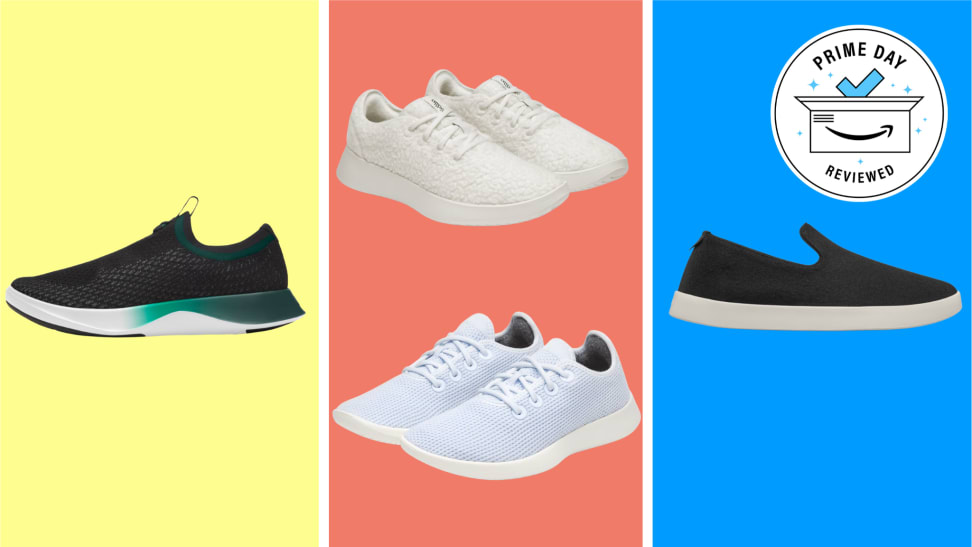 Colorful collage of popular sneakers featured in the Allbirds sale, including lightweight knit and wool styles for summer.