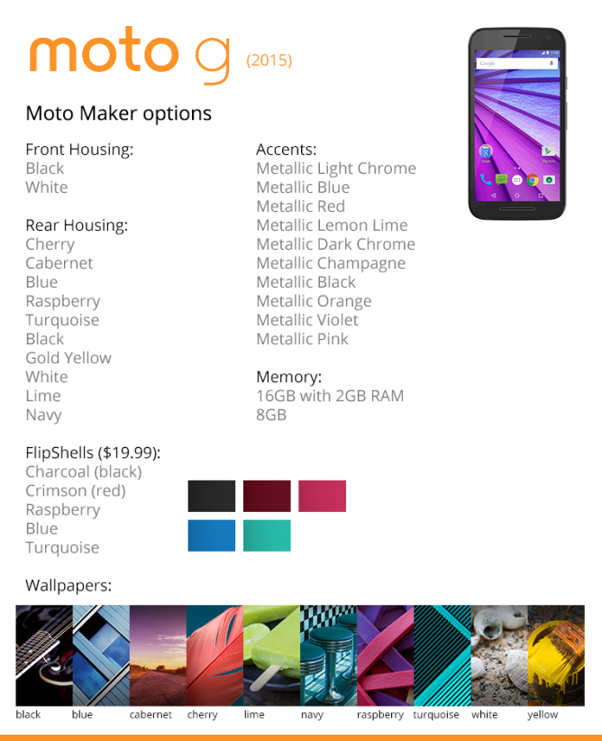 A screenshot of the leaked MotoMaker specs for the 2015 Moto G