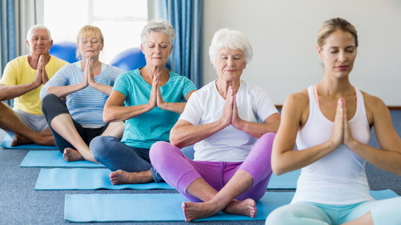 Led by an instructor, a group of seniors sits in a meditative pose on yoga mats