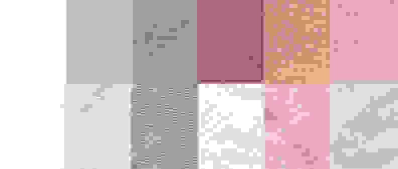 An example of a before and after test stain results using the Normal cycle. From left to right: control, sweat, dirt, blood, cocoa, and red wine.