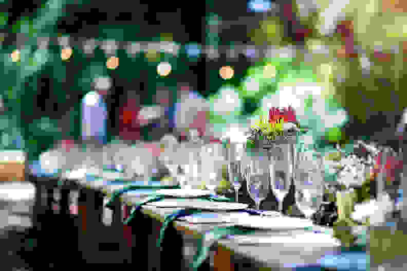 A protea on an outdoor wooden table set for a celebration in a forest during daytime with plates, glasses, napkins, fynbos flower arrangements and string lights and bunting defocussed with people behind Cape Town South Africa