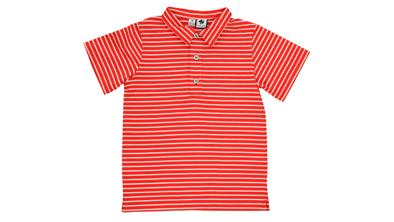 Busy Bees red striped boys polo shirt.