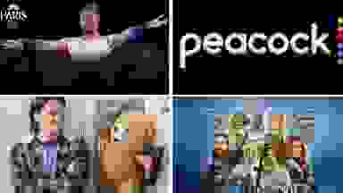 A collage of images from hit TV shows and live events next to the Peacock logo