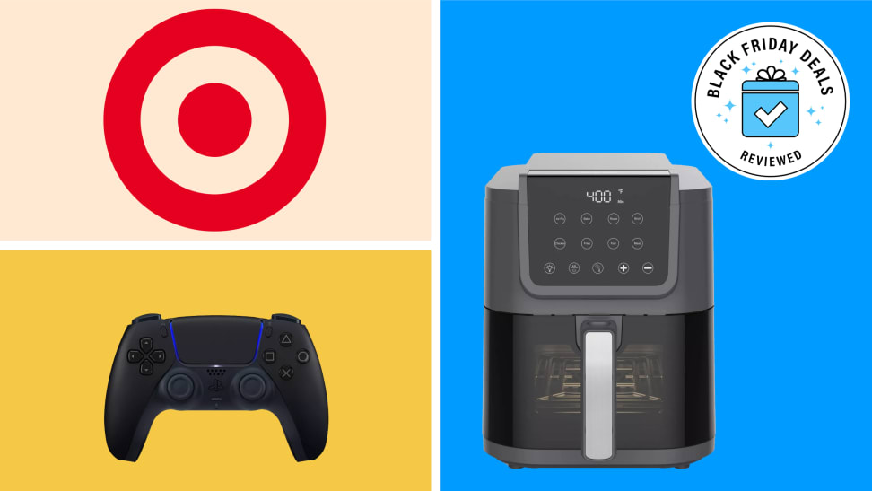 A collage with a PlayStation controller, a Sur La Table air fryer, and the Target logo.