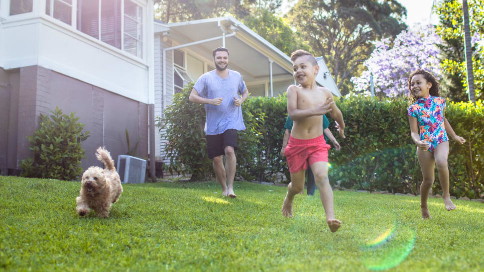 Family playing outside in the backyard