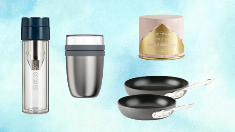 Assorted home items in front of blue background.