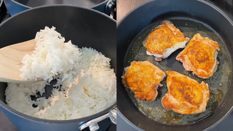 Rice and chicken being cooking on Joseph Joseph cooking set.