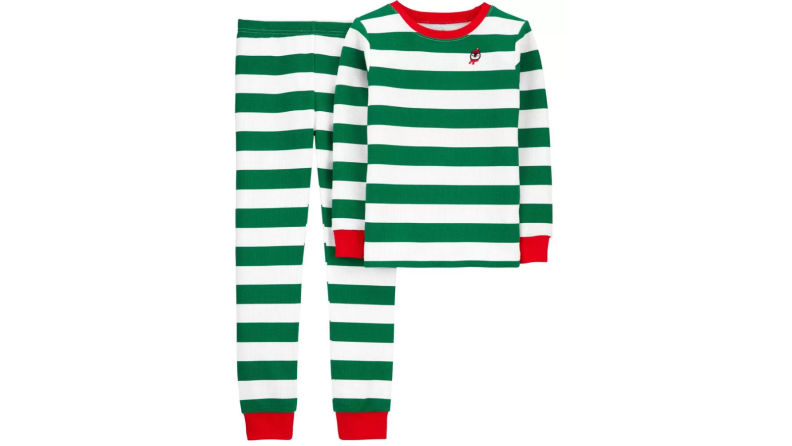 An image of green and white striped pajamas with red cuffs and borders.