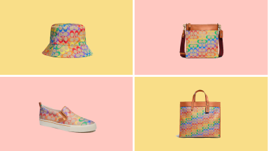 Rainbow printed Coach products on yellow and pink background