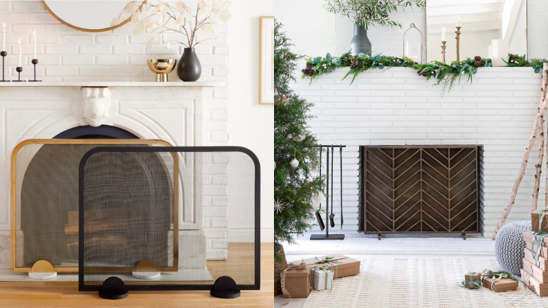 Two fireplaces with gold and black screens.