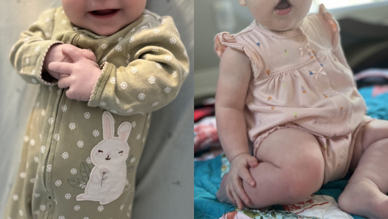 A photo collage of a baby wearing a bunny-themed onsie and a pink onesie dress from Carter’s.