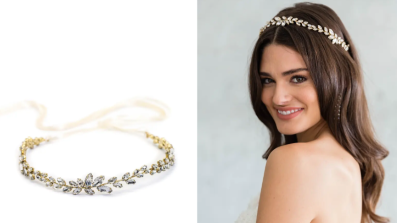 On left, diamond halo headband. On right, person wearing diamond halo headband in hair.