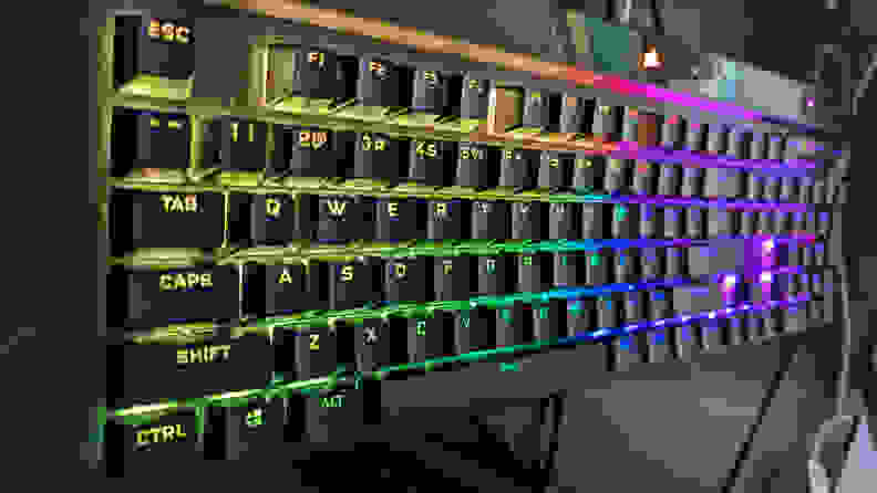 An angled shot of a glowing keyboard