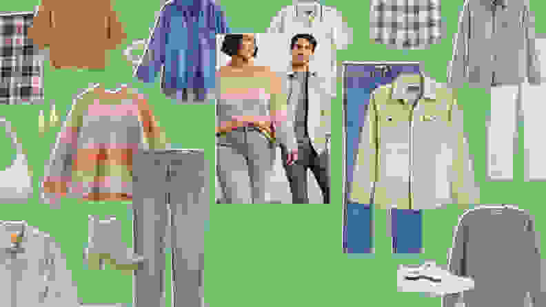 A male and female model surrounded by fashion products.